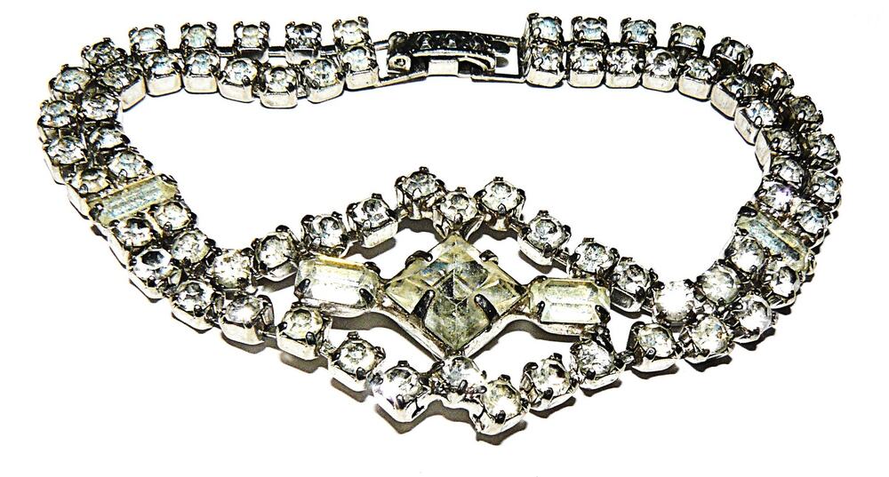 Vintage Clear Rhinestone Crystal Bracelet Silver Tone Art Deco Baguette Round